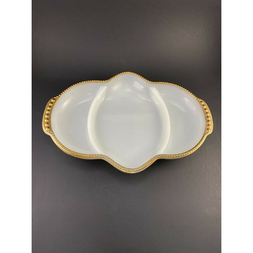 Fire King Vintage White Milk Glass W/Gold Trim Divided Dish Oven Ware USA 11"